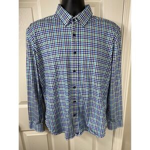Butter Cloth Button Down Shirt Long Sleeve Checkered Pattern Blue Green Large‎